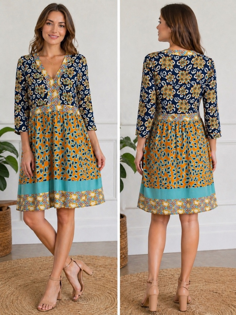 Anthropologie Pinkerton Boho Floral Patchwork Dress V-Neck 3/4 Sleeve XS